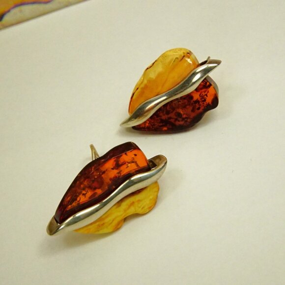 Big Amber & 925 Silver Omega Earrings - Made In Poland Rare Jewelry Her Gift - Picture 10 of 16